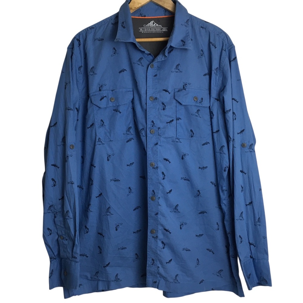 Croft & Barrow Quick Dry Shirt Mens Medium Blue Fish Print Button Front
